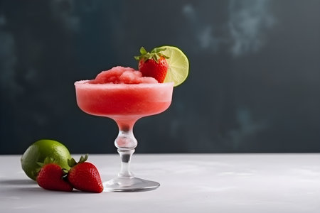 Frozen strawberry margarita garnished with a salt rim and a lime slice on grey, copy space. Margarita with crushed ice. Frozen summer red cocktail with crushed ice, strawberry and lime. Generative AI conceptの素材
