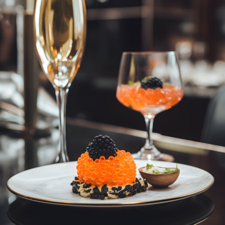 A plate with canape with red caviar and black caviar on a resatuarant table with a glass of champagne, close up. Gourmet food, delicacy appetizer. Delicatessen. Texture of caviar. AIの素材