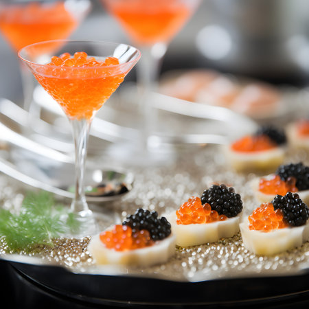 Canapes with red caviar and black caviar on a serving tray, close up. Gourmet food, delicacy appetizer, luxury seafood. Delicatessen. Texture of caviar. Caviar tasting in a fancy restaurant. AIの素材