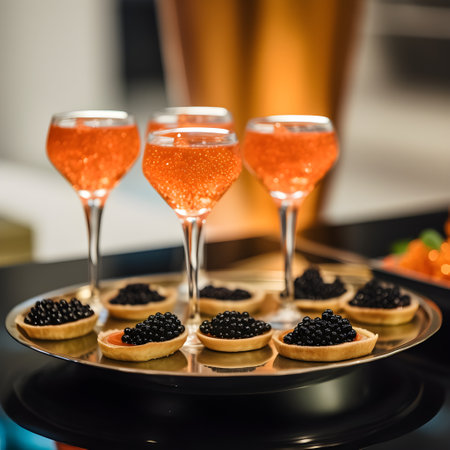 Serving tray with tartlets with black caviar and glasses or red caviar, close up. Gourmet food, delicacy appetizer. Texture of caviar. Caviar tasting in a fancy place. Generative AIの素材