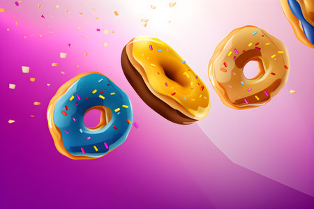 Flying doughnuts with multicolored glaze. Creative food trend. Levitating food. Trendy toning in color of year. Donuts illustration with copy space, traditional pastry. AIの素材