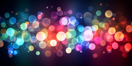 Abstract bokeh dark background illustration with colorful lights. Blurred bokeh multicolored background with city lights in trendy colors, copy space. AIの素材