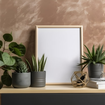 Minimalistic mock up poster frame on commode with flowers in interior background in paslet brown colors. Wooden photo frame on a table as a stylish mock up. AIの素材