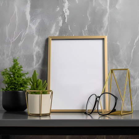 Minimalistic mock up poster frame on commode with flowers in interior background in grey colors. Wooden photo frame on a table as a stylish mock up. AIの素材