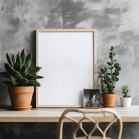 Minimalistic mock up poster frame on commode with flowers in interior background in grey colors. Wooden photo frame on a table as a stylish mock up. AIの素材