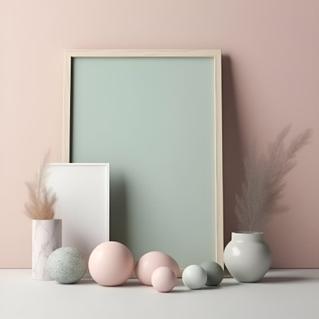 Trendy mock up with two photo frames and flowers in vase in light pastel colors. A photo frame on a table or a shelf, creative concept, copy space. Mock up with decor elements. AIの素材