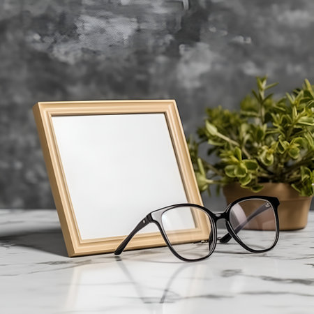 Minimalistic mock up poster frame on commode with green flower in interior background in grey colors. Wooden photo frame on a table as a stylish mock up. AIの素材