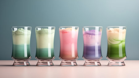 Set of matcha latte cocktails. Pink, blue, purle and green matcha tea variation. Creative illustration of assortment of matcha tea on light background. Set of mocktails with milk. AIの素材