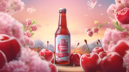 Bottle of craft cherry beer or on a light pink background with cherry blossom branches and cherry berries, promotional illustration. Red ale or belgian kriek, commercial banner. AIの素材