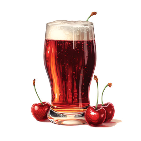 Glass of cherry beer with cherry berries on white background. Fruit beer or cherry kriek isolated on white, illustration for menu. Craft light beer, red ale in a beer glass. Generative AIの素材