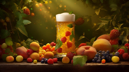 Fruit beer poster, banner design template. Illustration of fruit beer glass with fruits and citrus around. Juicy sweet beer commercial banner for events, advertising, announcement. AIの素材