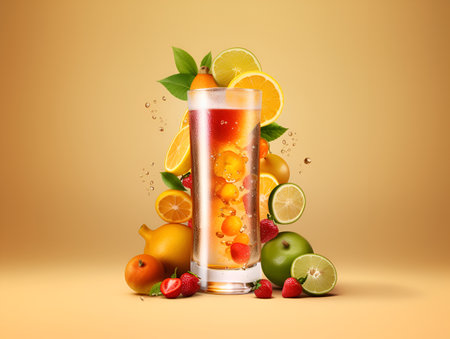 Fruit beer poster, banner design template. Illustration of fruit beer glass with fruits and citrus around. Juicy sweet beer commercial banner for events, advertising, announcement. AIの素材