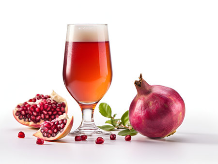 Glass of sweet light fruit beer with pomegranate juice and foam on white background. Pomegranate beer isolated on white with whole and sliced pomegranate, close up, copy space. AIの素材