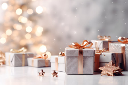 Christmas and new year background. Shiny gift boxes and stars near decorated christmas tree over blurred white wall with lights, copy space. Happy new Year, Merry Christmas celeblation. AIの素材