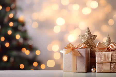 Christmas and new year background. Shiny gift boxes and stars near decorated christmas tree over blurred white wall with lights, copy space. Happy new Year, Merry Christmas celeblation. AIの素材