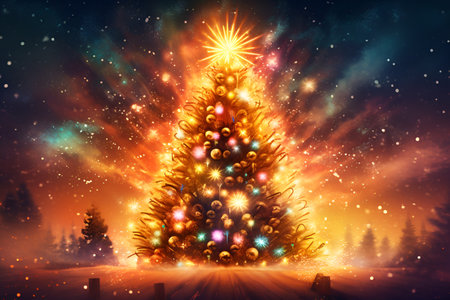 Magic Christmas Tree. Card Template with Shining Fir. Decorated Pine with salute of lights around it. New Year tree decorated in the forest, magic moments. AIの素材