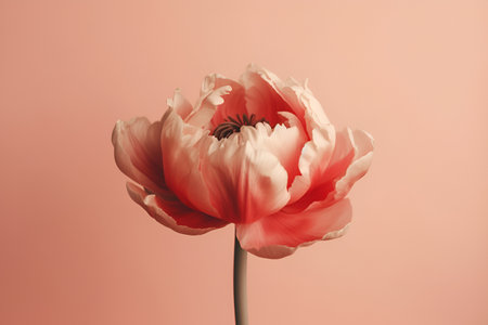 Big tender pale pink flower isolated on cream colored light pastel pink background. Minimalistic floral background in tender paslet red colors. Peony floral banner, copy space. AIの素材
