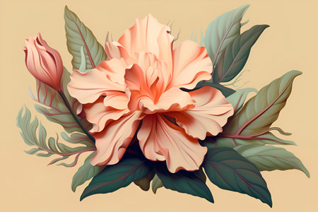 Big painted creamy pale orange flowers isolated on colored pastel beige background. Minimalistic floral background in paslet orange colors. Peony floral banner, copy space. AIの素材