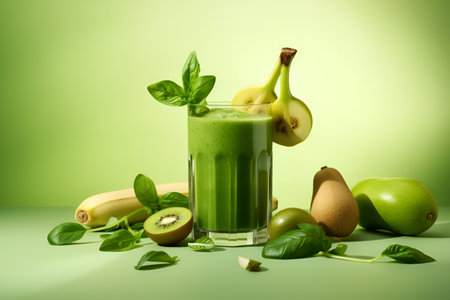 A glass of green smothie made of spinach, kiwi, banana and apple. Detox healthy vegan vitamin drink for energhy and wellness. Healthy eating concept. AIの素材