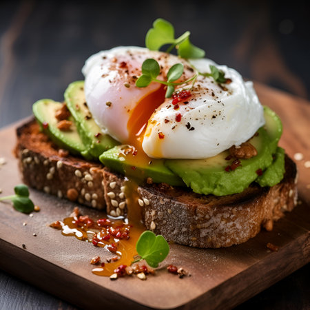 Avocado toast with poached egg and microgreens on dark rye bread, close up. Sandwich with guacamole oar avocado dip and poached egg on dark background. Healthy eating concept. AIの素材