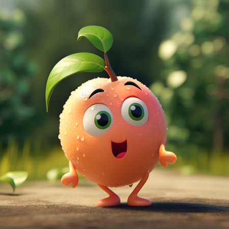 Funny cartoon peach character. Illustration of a cute cartoon peach with a surprised emotion on nature background. Surprised funny peach in a garden. AIの素材