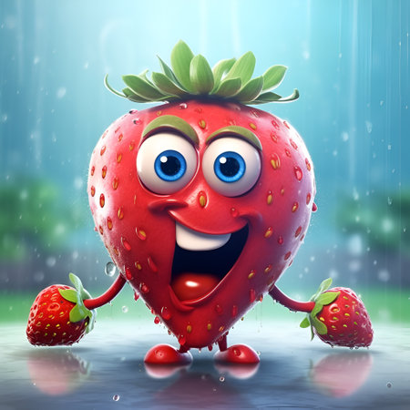 Funny cartoon strawberry with a huge smile isolated on white background. A strawberry cartoon character emoticon mascot. AIの素材
