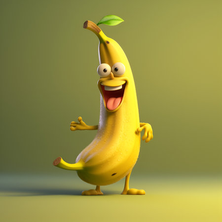 Illustration of Cheerful Cartoon banana character. Funny cartoon banana with a huge smile. Smiling crazy cute banana mascot isolated on light green background, cartoon image. AIの素材