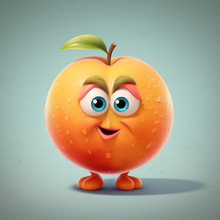 Cute, funny cartoon peach character. Illustration of a cute cartoon peach with a smiling emotion isolated on light grey background. AIの素材