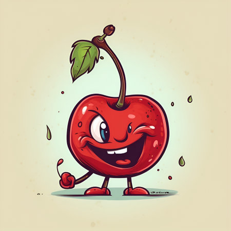 Funny cartoon cherry character with a winking emotion. Illustration of a cute cartoon winking sweet cherry isolated on white background. AIの素材