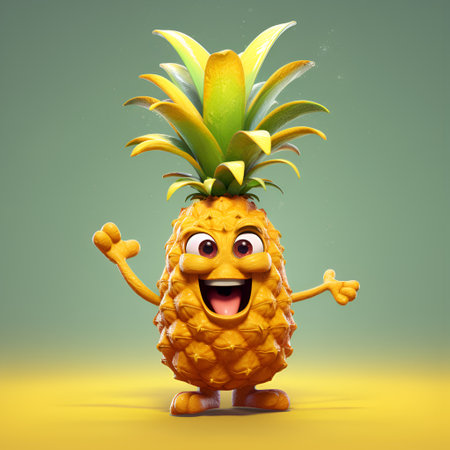 Funny cartoon pineapple with a huge smile isolated on light blue and yellow background. Cute happy pine apple cartoon character emoticon mascot. AIの素材