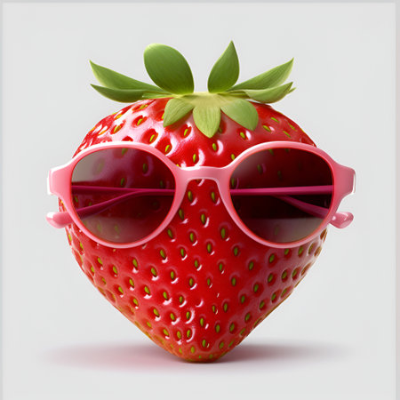 Funny cartoon strawberry wearing sunglasses isolated on white background. Cool strawberry cartoon character in sun glasses emoticon mascot, summer banner. AIの素材