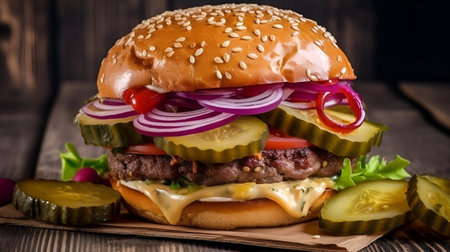 Close up of juicy gourmet burger on wooden table. Beaf burger with lettuce, sliced pickles, cheddar cheese and fresh red onion rings. Fast food commercial banner. AIの素材