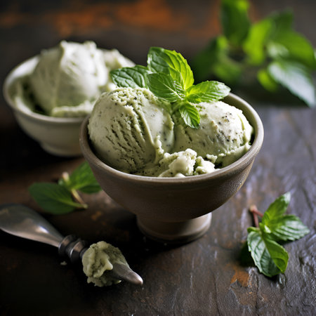 summer desserts. Vegan food. Basil ice cream in a bowl on old rustic wooden table. Home made green ice cream with basil and mint. AIの素材