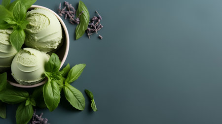 Vegan food concept. Basil ice cream in a bowl on light turquiose background. Home made green ice cream with basil and mint, copy space. summer desserts. AIの素材