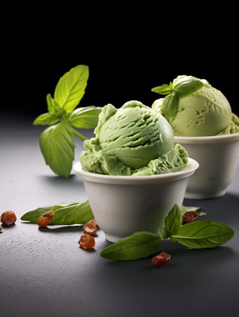 summer desserts. Vegan food. Basil ice cream in a bowl on dark gray stone table. Balls of home made green ice cream with basil and mint in white bowls on dark gray background, close up. AIの素材