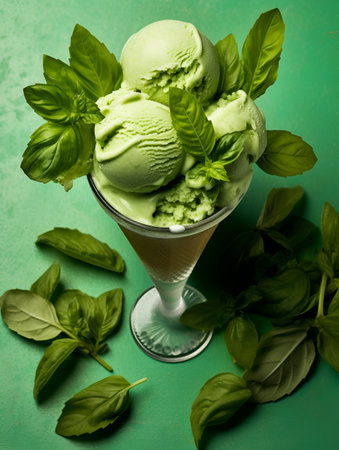 Vegan food. Basil ice cream in a glass bowl on light green background. Home made green ice cream with basil and mint, close up. Summer dessert concept. AIの素材
