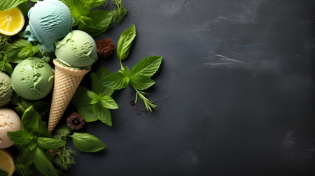 Cones of basil ice cream with basil leaves around. Homemade green ice cream with basil and mint on dark gray background. summer desserts. Vegan food. Top view copy space. AIの素材