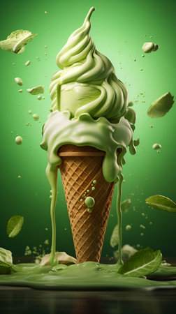 Vertical illustration of a green basil ice cream. Homemade green ice cream with basil and mint on light green background. summer desserts. Vegan food. AIの素材