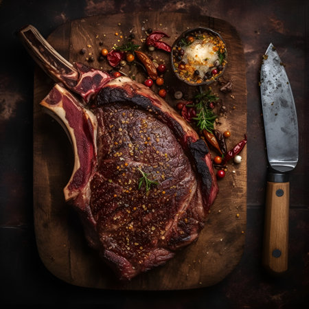 Top view of medium rare Tomahawk Steak on wooden Cutting Board with spices, chilli pepper and knife. Juicy tomahawk ribeye steak on bone on steak house table, grilled beef steak meat. AIの素材