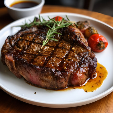 Medium rare Ribeye Steak with truffle butter and herbs, garnished with rosemary spig, served with baked cherry tomatoes on white plate. Meat restaurant. Close up of a grilled beefsteak. AIの素材