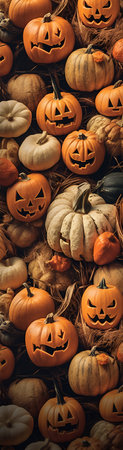 Halloween illustration with an assortment of yellow and white pumpkins. Spooky pumpkins with evil faces. Halloween background with pumpkin variety. holiday vertical banner. AI generatedの素材