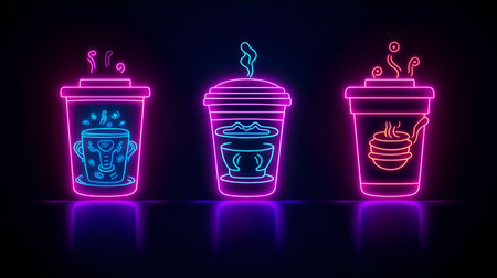 Set of disposable coffee cups illustration in neon style. Coffee to go or take away coffee concept. Recycling paper cups for hot drinks illustration for cafe, coffee shop, coffee house. AI generatedの素材