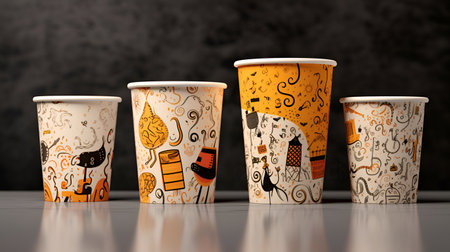 Set of disposable paper cups with abstract drawing. Coffee to go or take away coffee concept. Recycling paper cups for hot drinks illustration for cafe, coffee shop, coffee house. AI generatedの素材