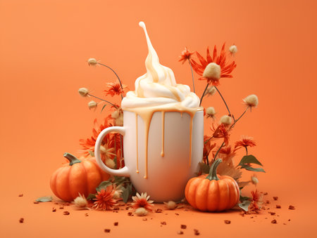 Pumpkin spice latte with coffee splash over orange background with orange pumpkins and flowers. Pumpkin latte banner, creative. AI generatedの素材