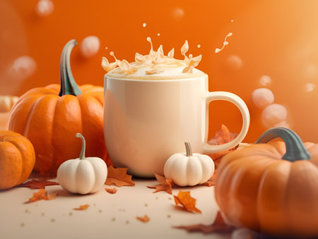 Pumpkin spice latte with coffee splash over orange background with orange and white pumpkins and autumn leaves. Pumpkin latte banner, creative. AI generatedの素材