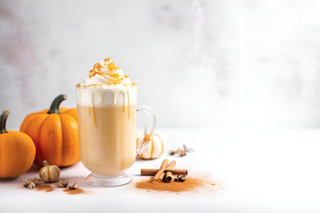 Glass of autumn pumpkin latte with whipped cream and cinnamon over blurred light gray background. Coffee with pumpkin and spices on light background, copy space, high key. AI generatedの素材