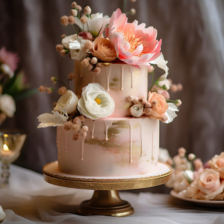 Two-tiered pink wedding cake or birthday cake decorated with flowers. Wedding illustration for menu, confectionery catalog, postcard, poster, website. Cake for wedding, birthday, event. AIの素材