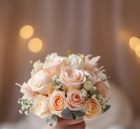Hand holding tender Bride's wedding bouquet with pastel pink roses over blurred background with bokeh lights. Wedding bouquet in bride's hand, beautiful wedding flowers. wedding concept. AIの素材