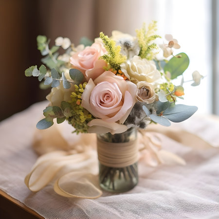 Wedding bouquet on window sill. Tender Bride's bouquet, traditional symbolic bride's accessory. Floral composition with roses and pastel pink, purple and creamy flowers. wedding concept. AIの素材
