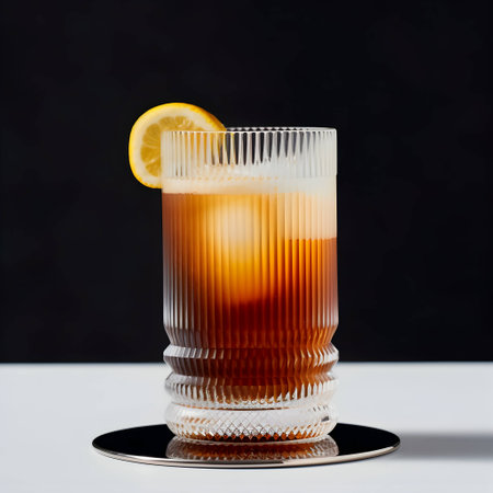 Espresso Tonic, cold drink with espresso and tonic in trendy corrugated glass. Black Ice coffee in a tall glass with tonic, big ice cube and lemon slice, commercial shot. copyspace. AI generatedの素材